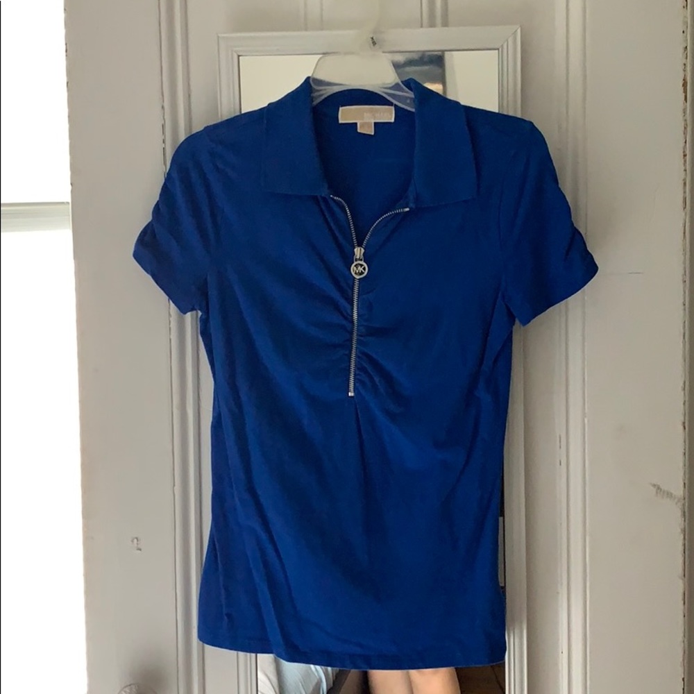 Michael Kors blue collared ruched zipper shirt